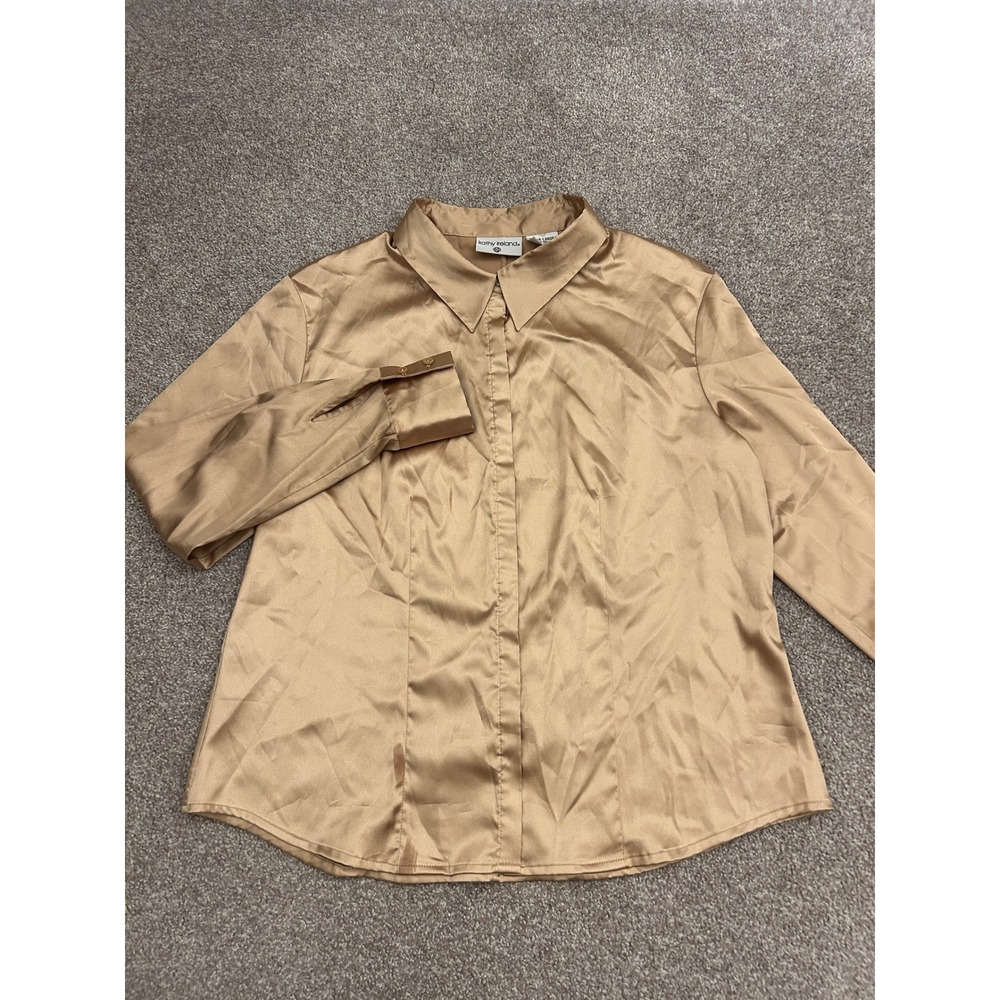 Kathy Ireland Blouse Womens XL Gold Excellent Satin Long Sleeve Button Down Top - Picture 3 of 14